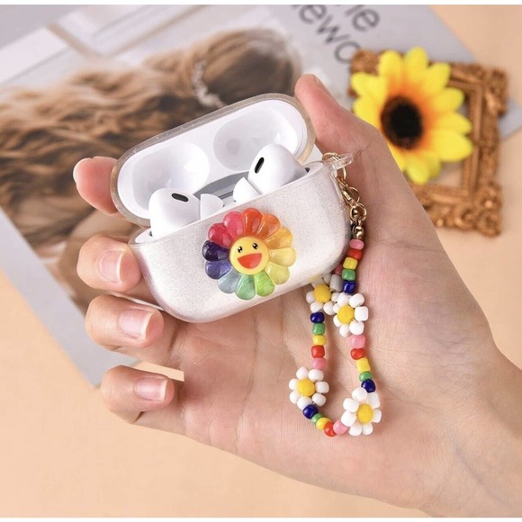 AirPod Pro 2nd Generation Clear Glitter Bracelet Case - Smile SunFlower Design - Picture 1 of 7